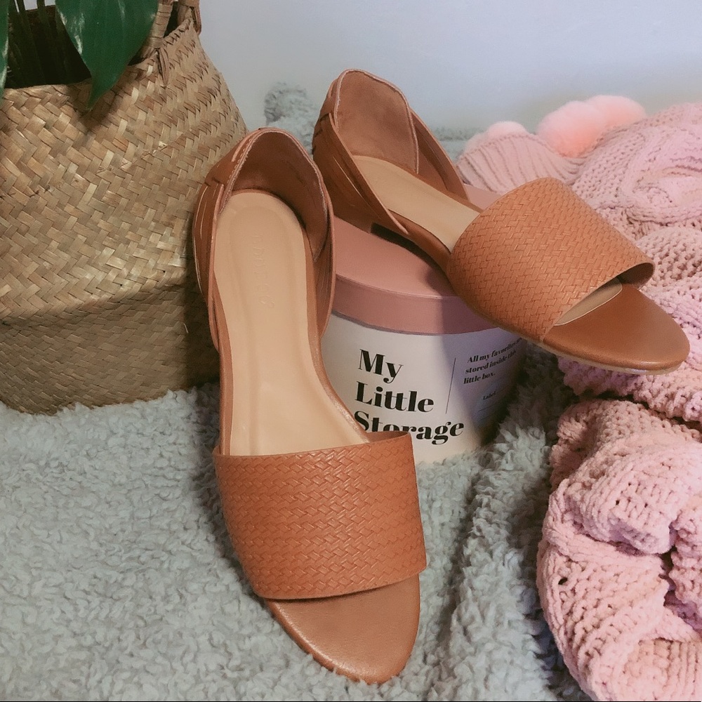 Bamboo Tan Faux Woven Leather Peep Toe Flats